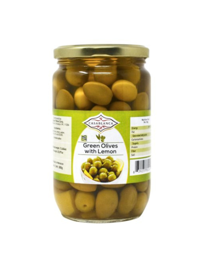 Green Olives with Lemon (GLASS) – Moroccan Olives 300g
